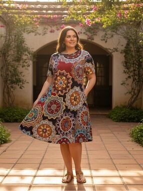 Korsis Boho Mandala Medallion Print Short Sleeve Swing T Shirt Dress 2XL